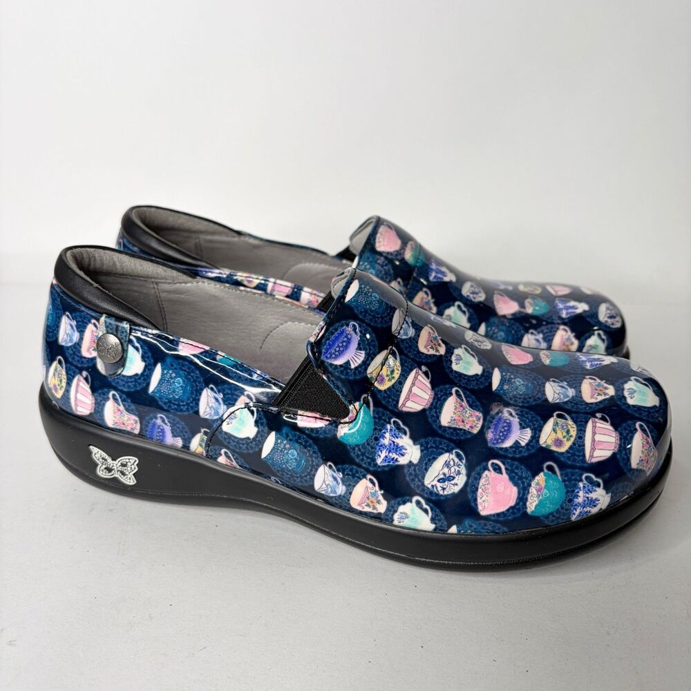 Alegria Kel-7626 Comfort Clog Shoe Slip Resistant Tea Cup Pattern Women Size 38